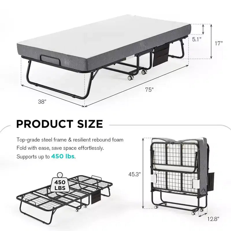 Folding Bed, 38" W with Mattress Included, Daybed