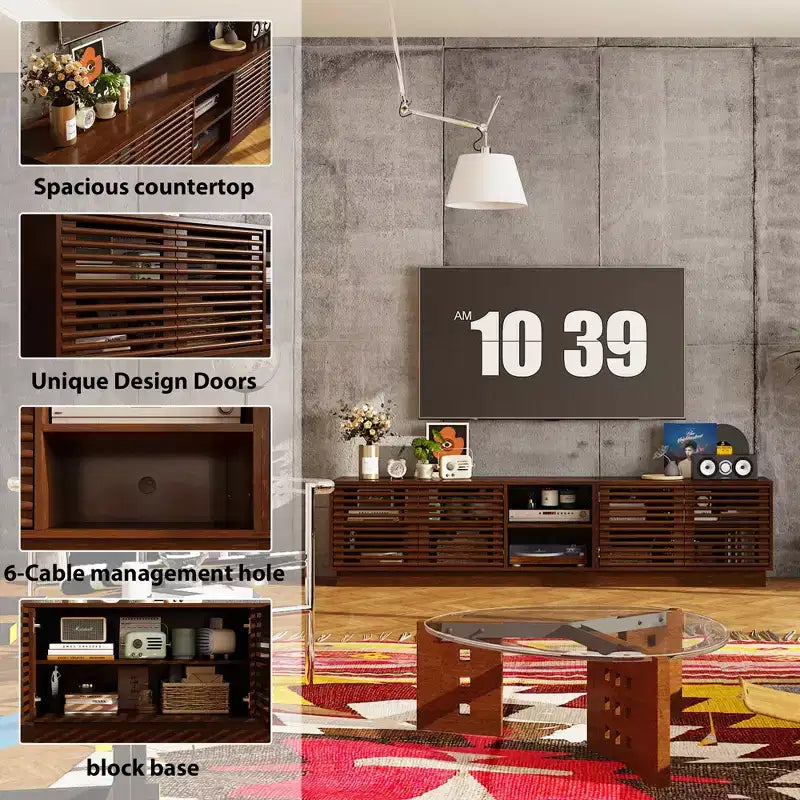 Rustic Brown Slatted-Door TV Stand Entertainment Center Media Console with Ample Storage