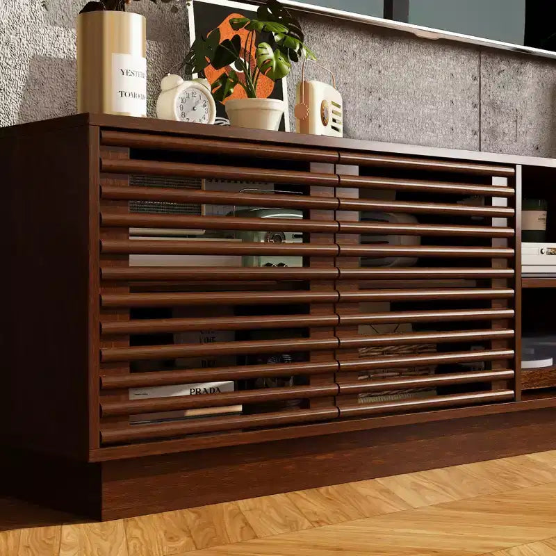 Rustic Brown Slatted-Door TV Stand Entertainment Center Media Console with Ample Storage