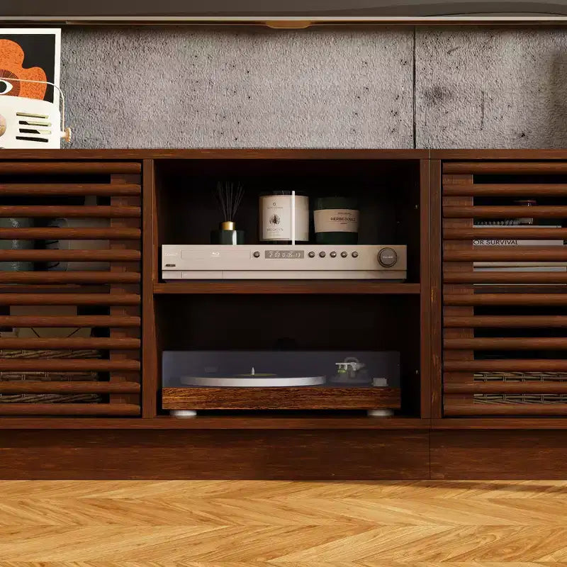 Rustic Brown Slatted-Door TV Stand Entertainment Center Media Console with Ample Storage