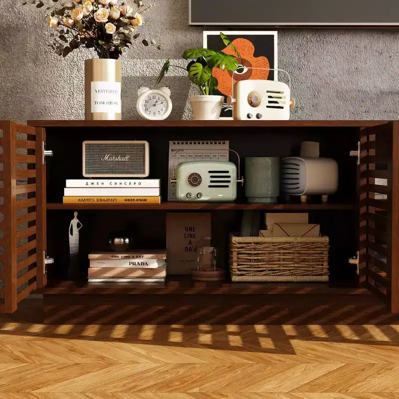 Rustic Brown Slatted-Door TV Stand Entertainment Center Media Console with Ample Storage