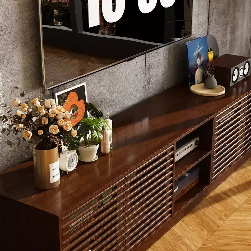 Rustic Brown Slatted-Door TV Stand Entertainment Center Media Console with Ample Storage
