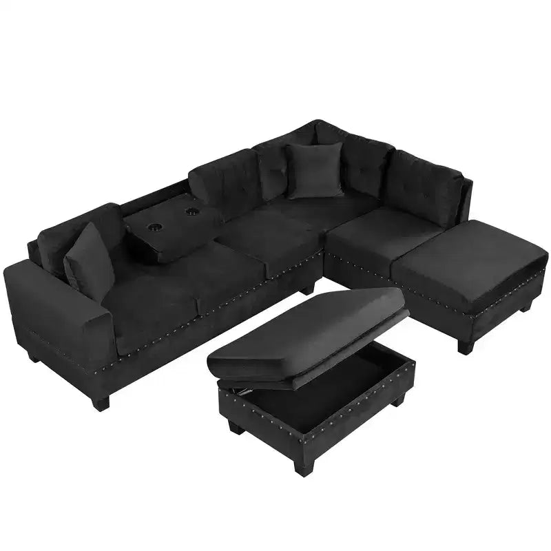 105" L-Shaped Modern Sectional with Storage Ottoman & 2 Pillows