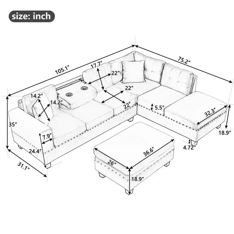 105" L-Shaped Modern Sectional with Storage Ottoman & 2 Pillows
