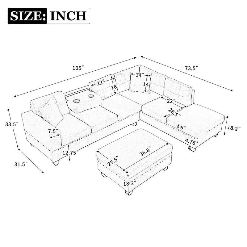 105" L-Shaped Modern Sectional with Storage Ottoman & 2 Pillows