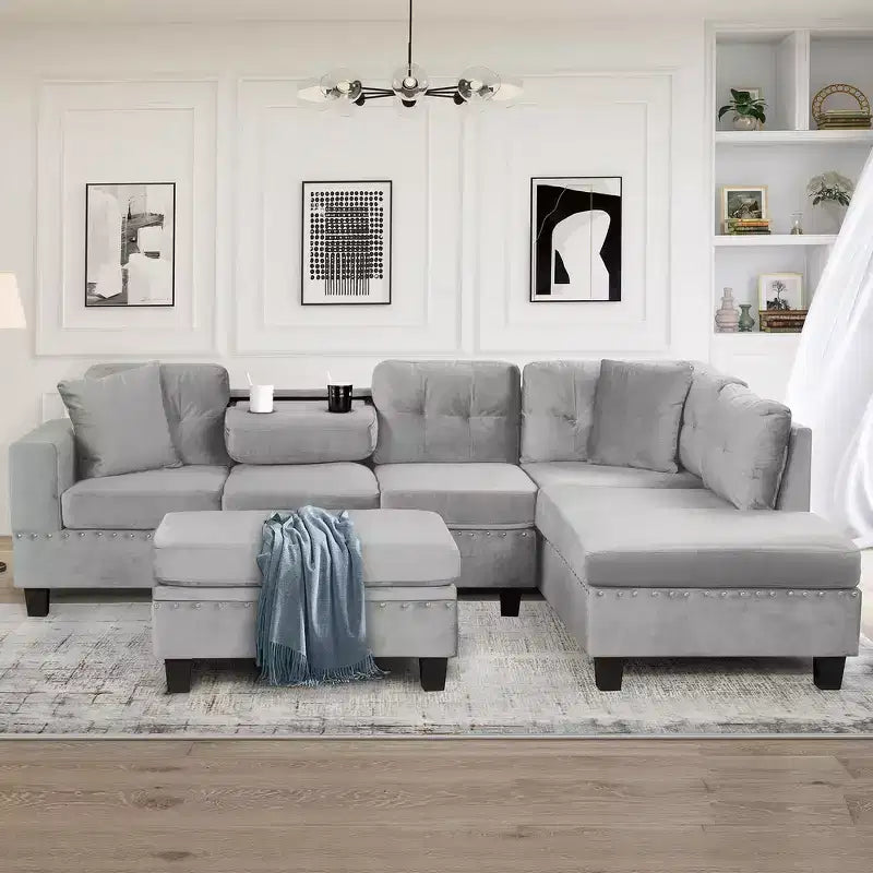 105" L-Shaped Modern Sectional with Storage Ottoman & 2 Pillows