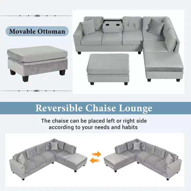 105" L-Shaped Modern Sectional with Storage Ottoman & 2 Pillows