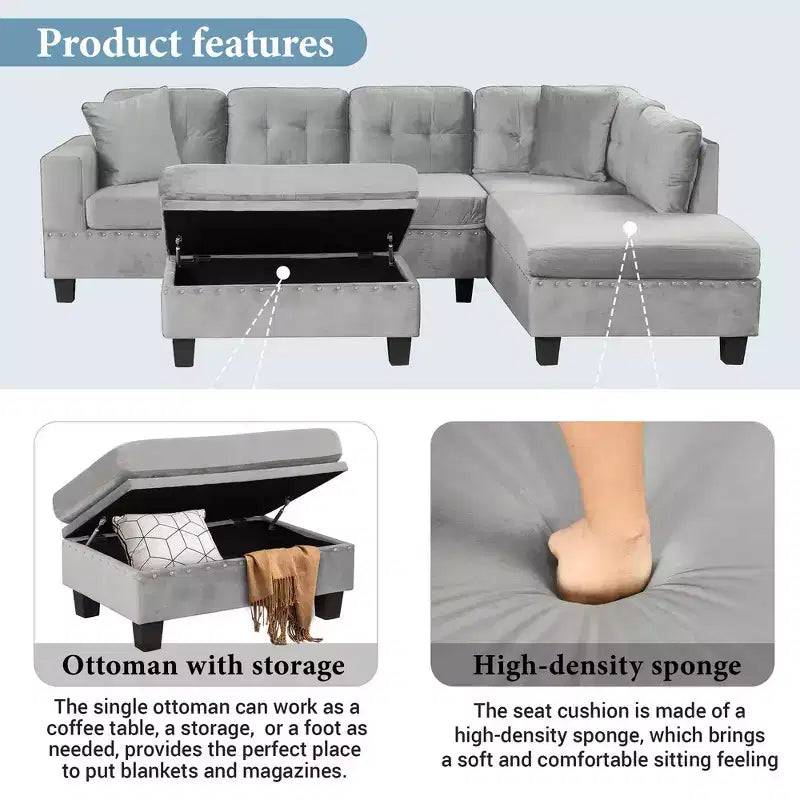 105" L-Shaped Modern Sectional with Storage Ottoman & 2 Pillows