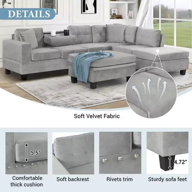 105" L-Shaped Modern Sectional with Storage Ottoman & 2 Pillows