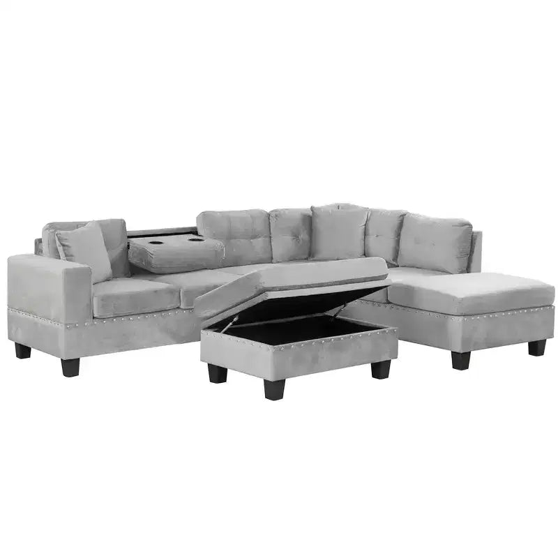 105" L-Shaped Modern Sectional with Storage Ottoman & 2 Pillows