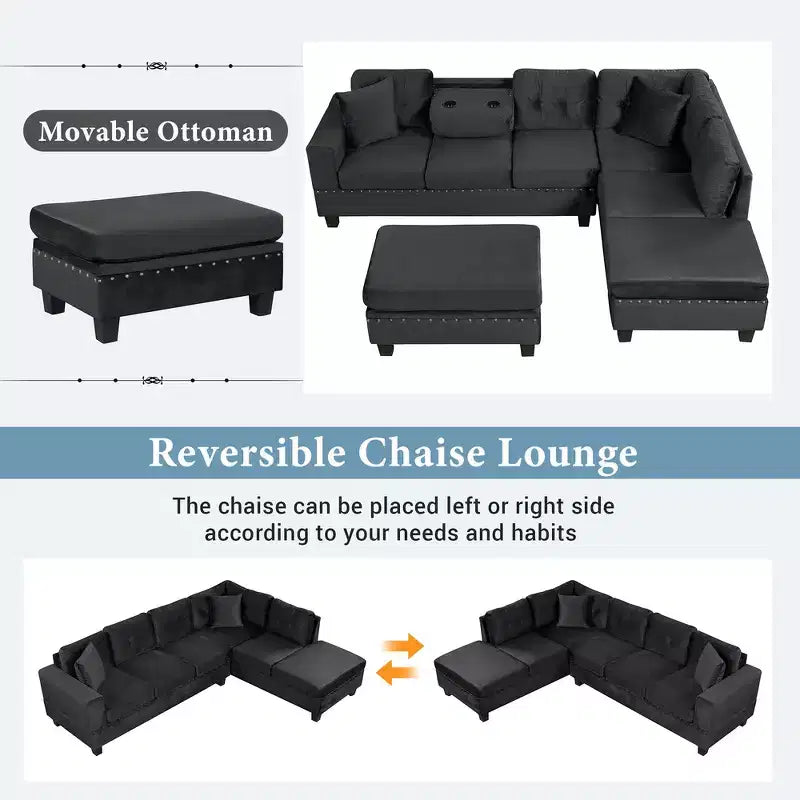 105" L-Shaped Modern Sectional with Storage Ottoman & 2 Pillows