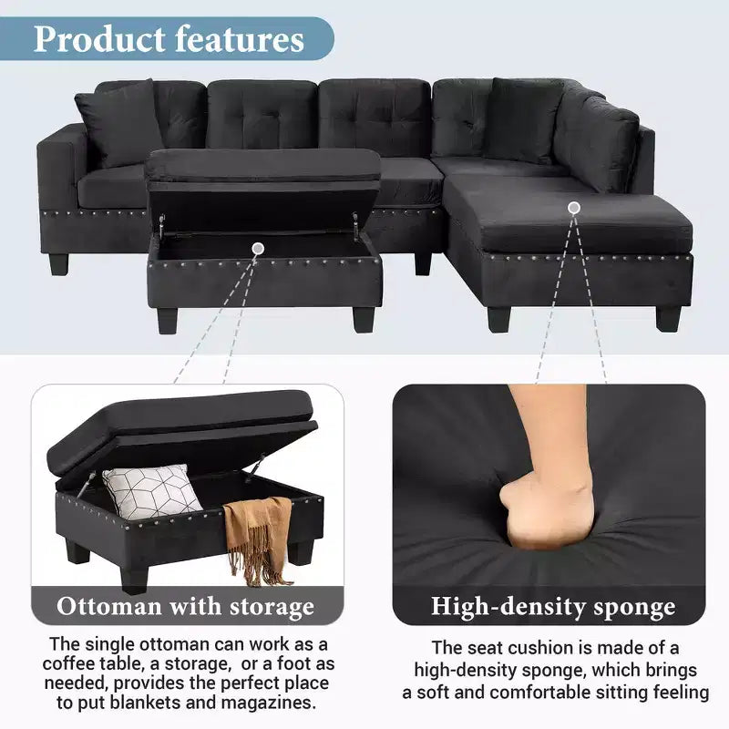 105" L-Shaped Modern Sectional with Storage Ottoman & 2 Pillows