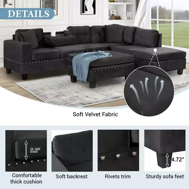 105" L-Shaped Modern Sectional with Storage Ottoman & 2 Pillows