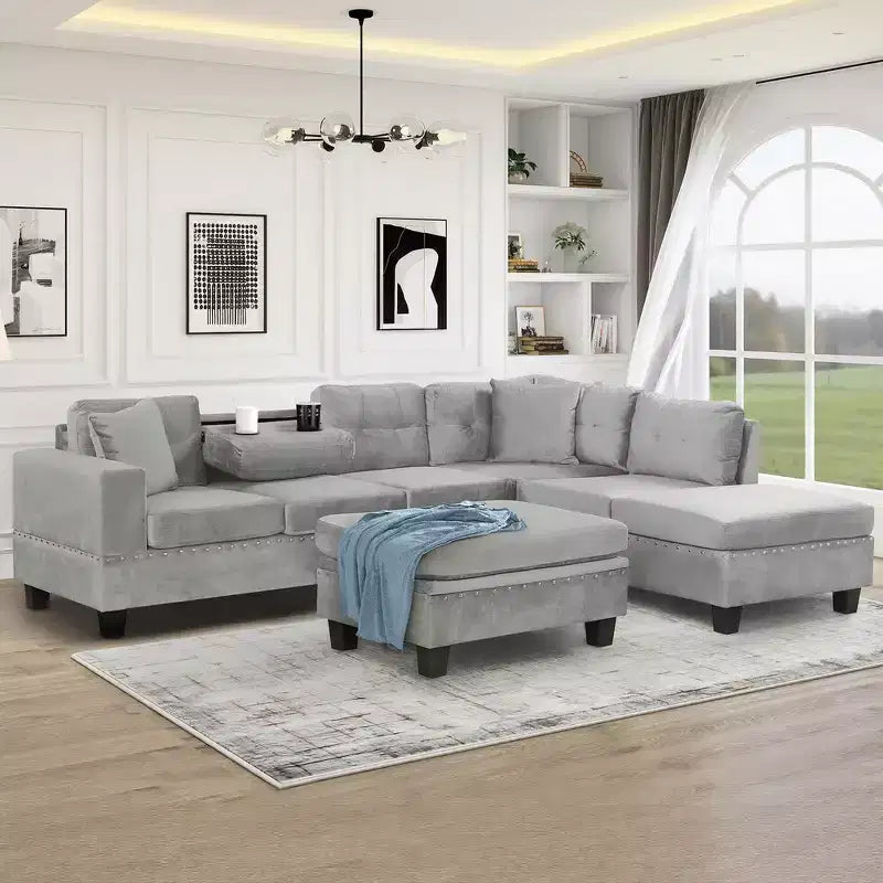 105" L-Shaped Modern Sectional with Storage Ottoman & 2 Pillows