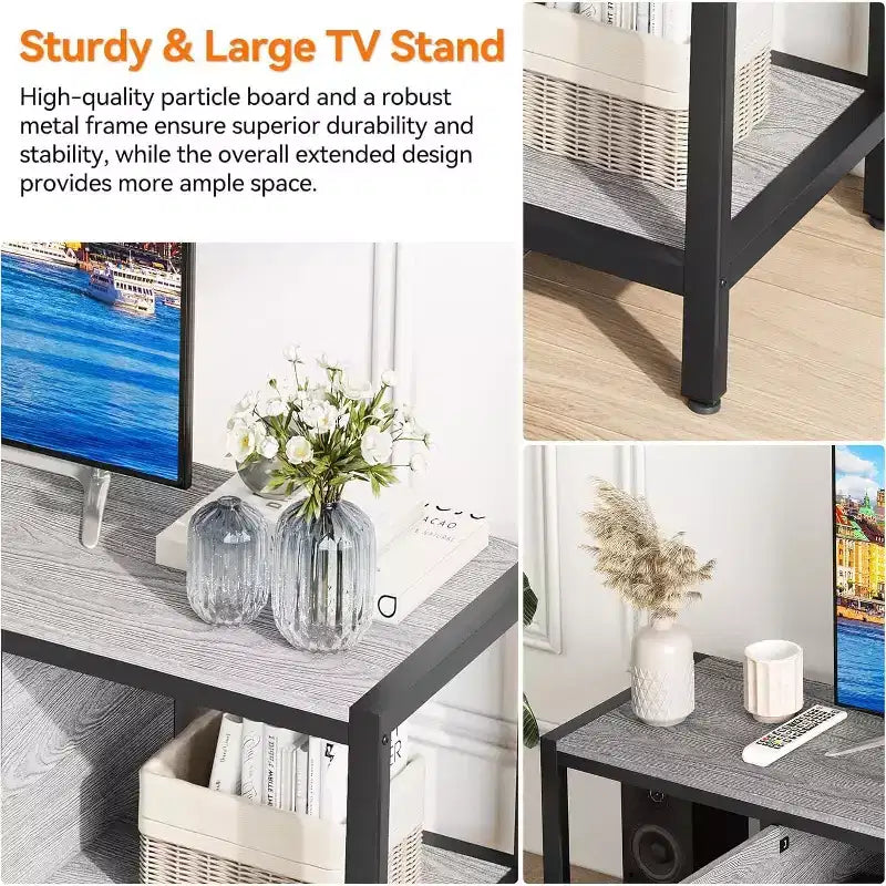 58-Inch Wood TV Stand for 65 TVs  Entertainment Center with 2 Cabinets & Open Shelves, Storage Media Console for Living Room