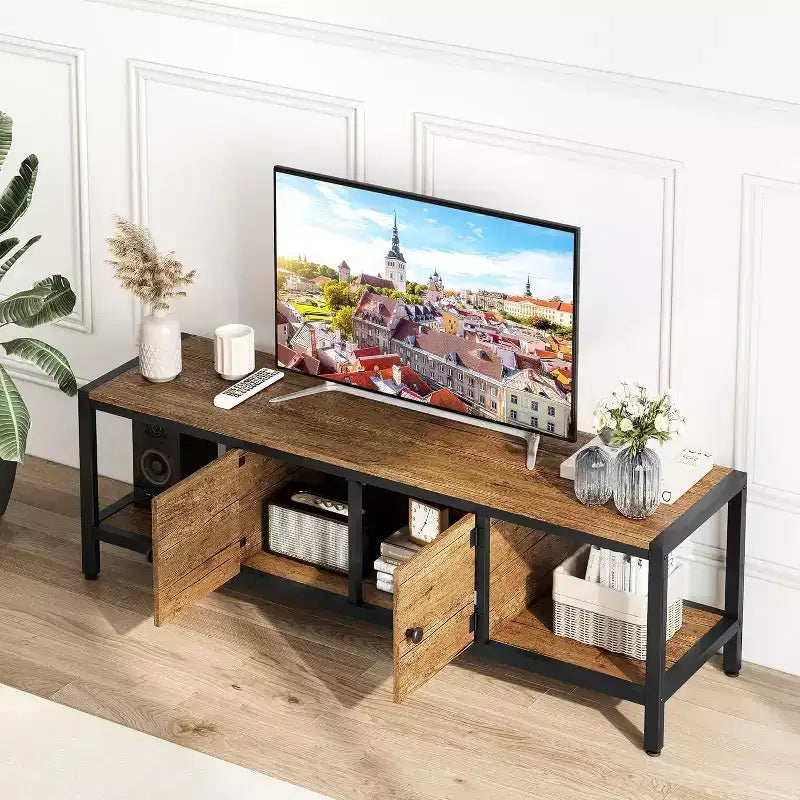 58-Inch Wood TV Stand for 65 TVs  Entertainment Center with 2 Cabinets & Open Shelves, Storage Media Console for Living Room