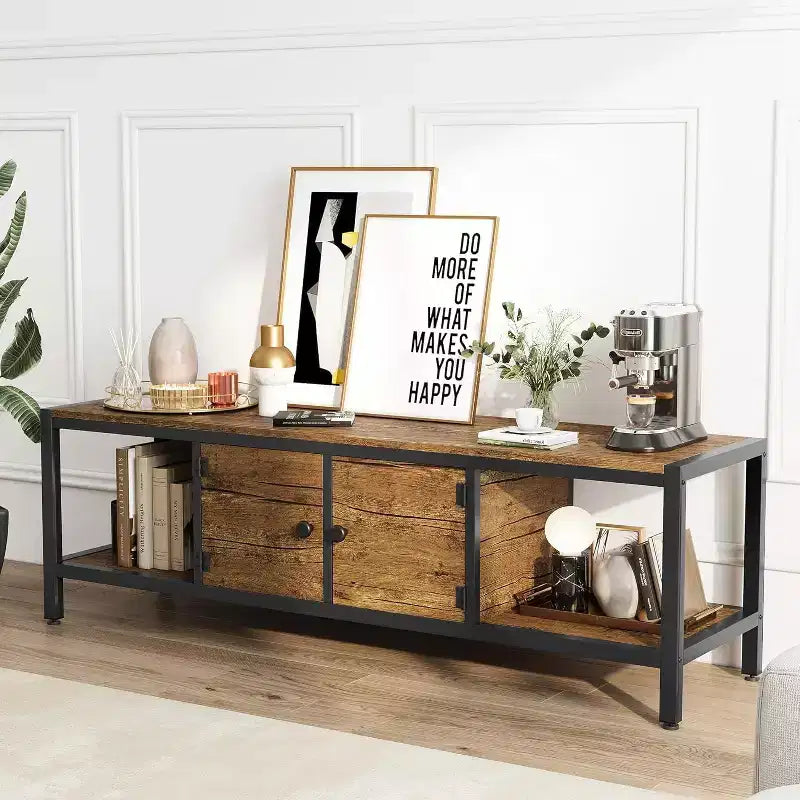 58-Inch Wood TV Stand for 65 TVs  Entertainment Center with 2 Cabinets & Open Shelves, Storage Media Console for Living Room
