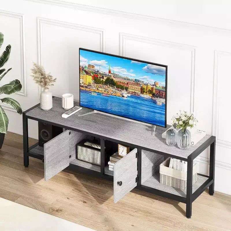 58-Inch Wood TV Stand for 65 TVs  Entertainment Center with 2 Cabinets & Open Shelves, Storage Media Console for Living Room