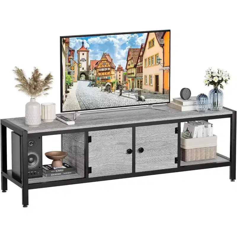 58-Inch Wood TV Stand for 65 TVs  Entertainment Center with 2 Cabinets & Open Shelves, Storage Media Console for Living Room