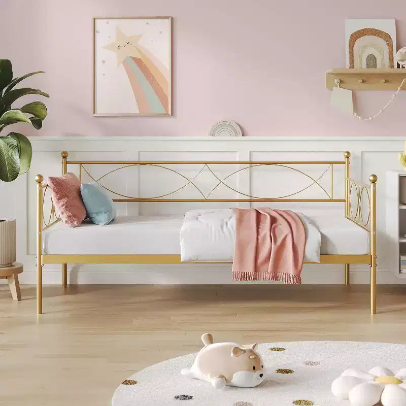 Gold Metal Twin Daybed, Single Bed, Steel Slat Support, Modern Space-Saving Frame