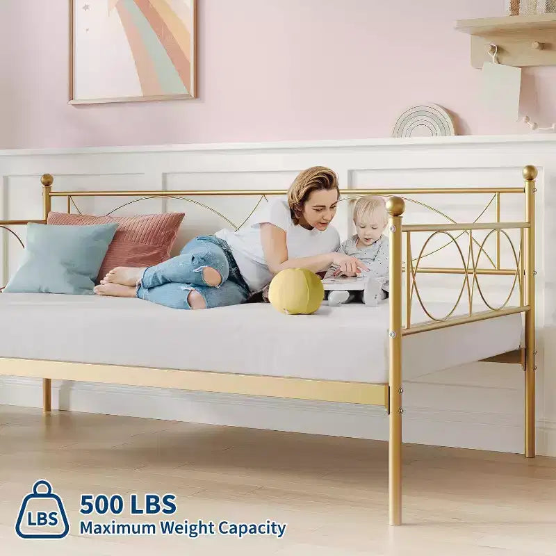 Gold Metal Twin Daybed, Single Bed, Steel Slat Support, Modern Space-Saving Frame