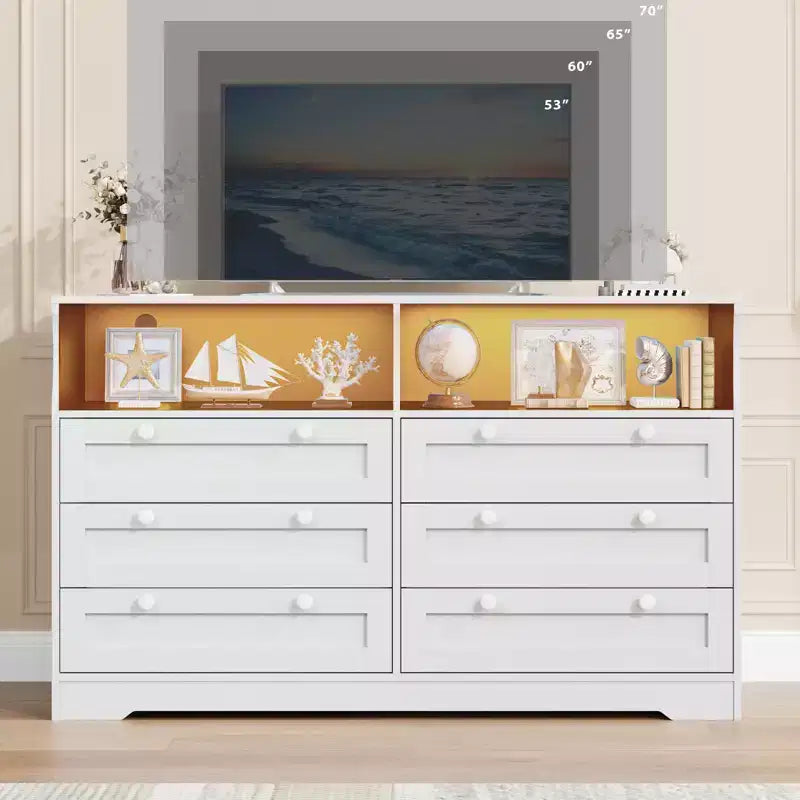55 Inch Wooden 6 Drawer Dresser for Bedroom with Led Light, and Large Capacity Storage, Wide Storage Dressers Organizer for Closet and Living Room