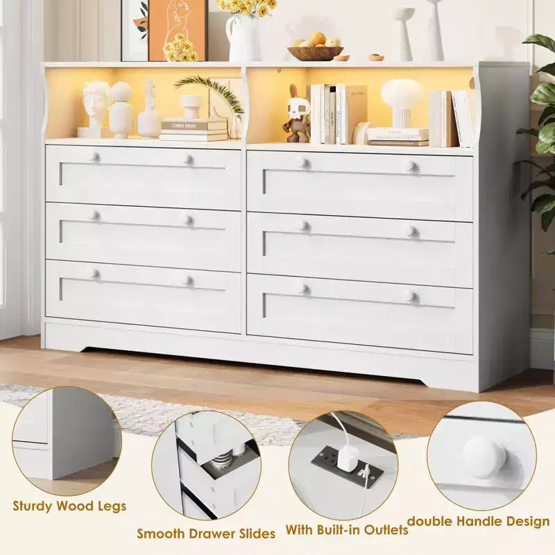 55 Inch Wooden 6 Drawer Dresser for Bedroom with Led Light, and Large Capacity Storage, Wide Storage Dressers Organizer for Closet and Living Room