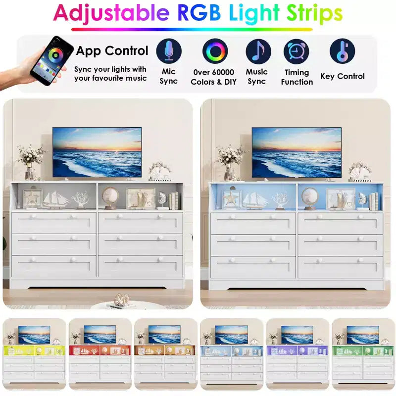 55 Inch Wooden 6 Drawer Dresser for Bedroom with Led Light, and Large Capacity Storage, Wide Storage Dressers Organizer for Closet and Living Room