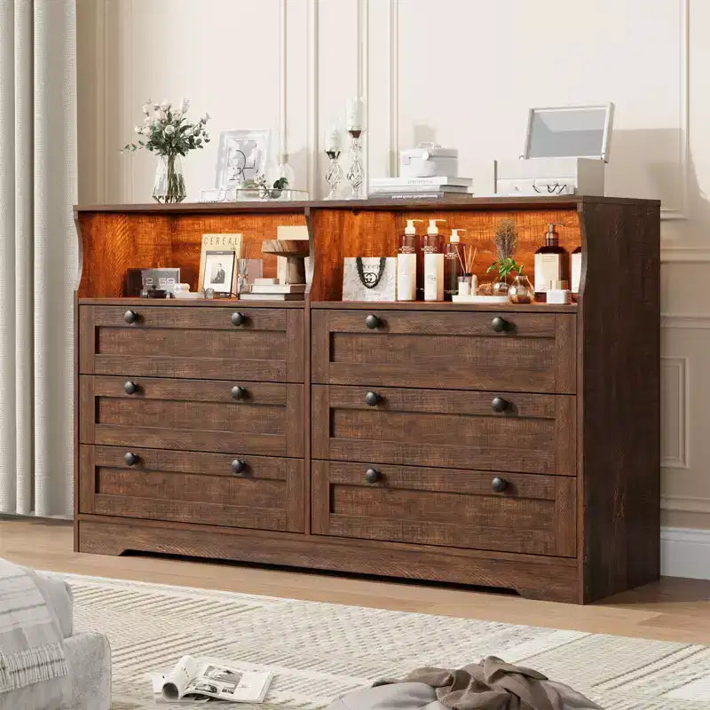 55 Inch Wooden 6 Drawer Dresser for Bedroom with Led Light, and Large Capacity Storage, Wide Storage Dressers Organizer for Closet and Living Room