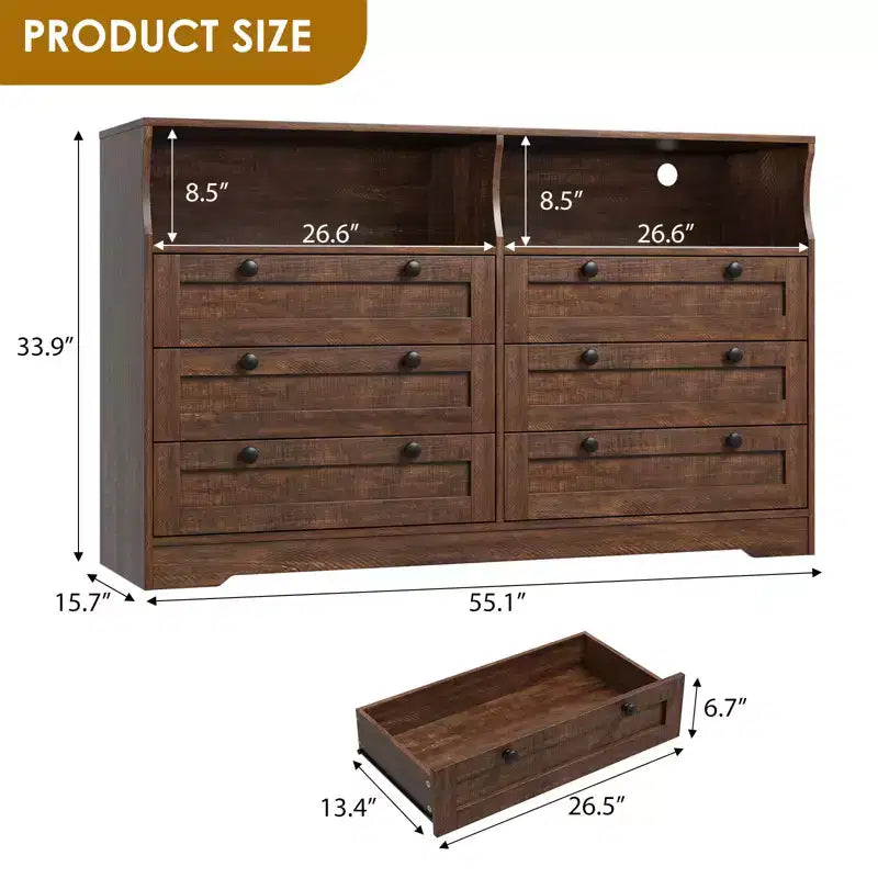 55 Inch Wooden 6 Drawer Dresser for Bedroom with Led Light, and Large Capacity Storage, Wide Storage Dressers Organizer for Closet and Living Room