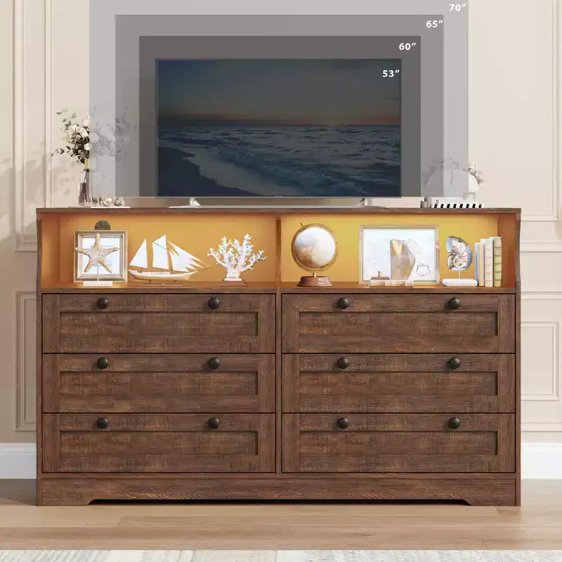 55 Inch Wooden 6 Drawer Dresser for Bedroom with Led Light, and Large Capacity Storage, Wide Storage Dressers Organizer for Closet and Living Room