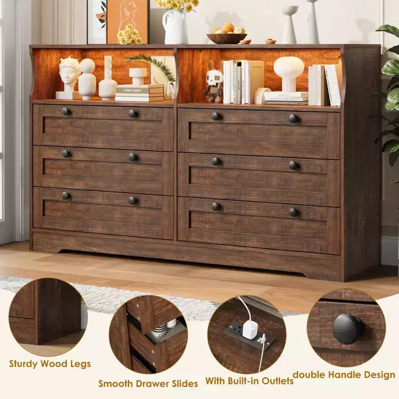 55 Inch Wooden 6 Drawer Dresser for Bedroom with Led Light, and Large Capacity Storage, Wide Storage Dressers Organizer for Closet and Living Room