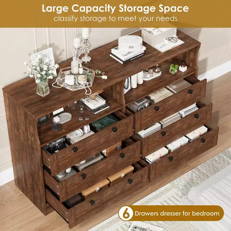 55 Inch Wooden 6 Drawer Dresser for Bedroom with Led Light, and Large Capacity Storage, Wide Storage Dressers Organizer for Closet and Living Room