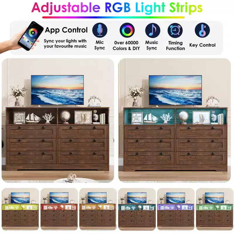 55 Inch Wooden 6 Drawer Dresser for Bedroom with Led Light, and Large Capacity Storage, Wide Storage Dressers Organizer for Closet and Living Room