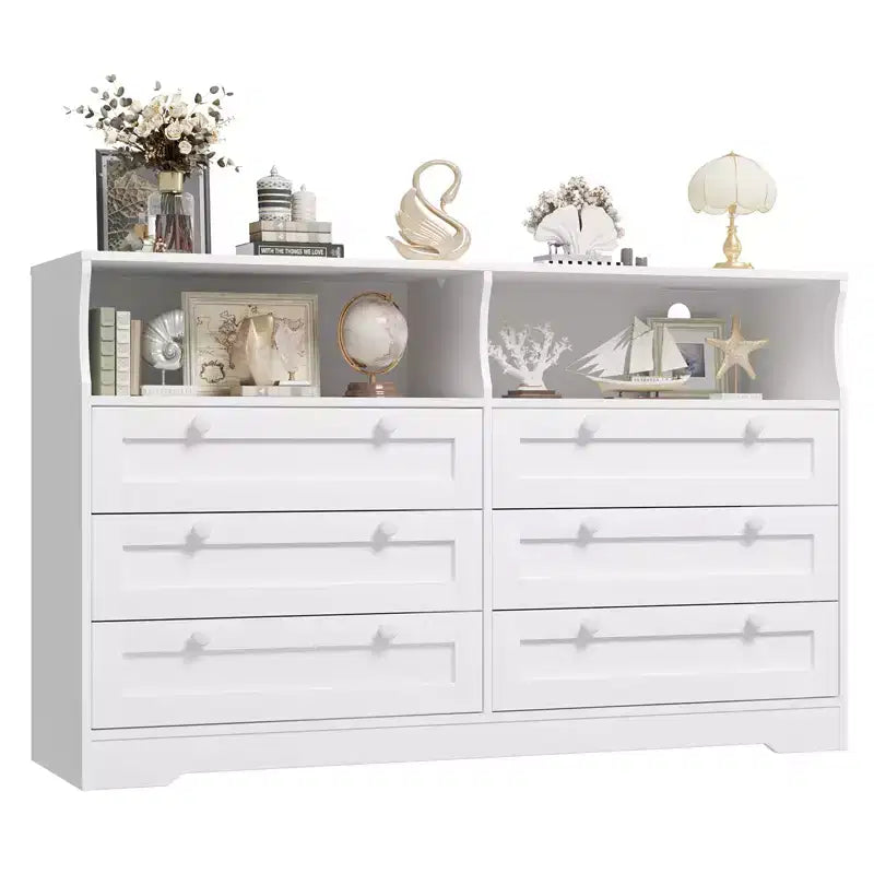 55 Inch Wooden 6 Drawer Dresser for Bedroom with Led Light, and Large Capacity Storage, Wide Storage Dressers Organizer for Closet and Living Room