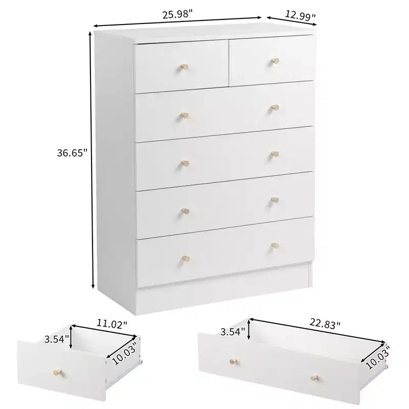 6-Drawer White Particle Board 25.98" W Chest of Drawers