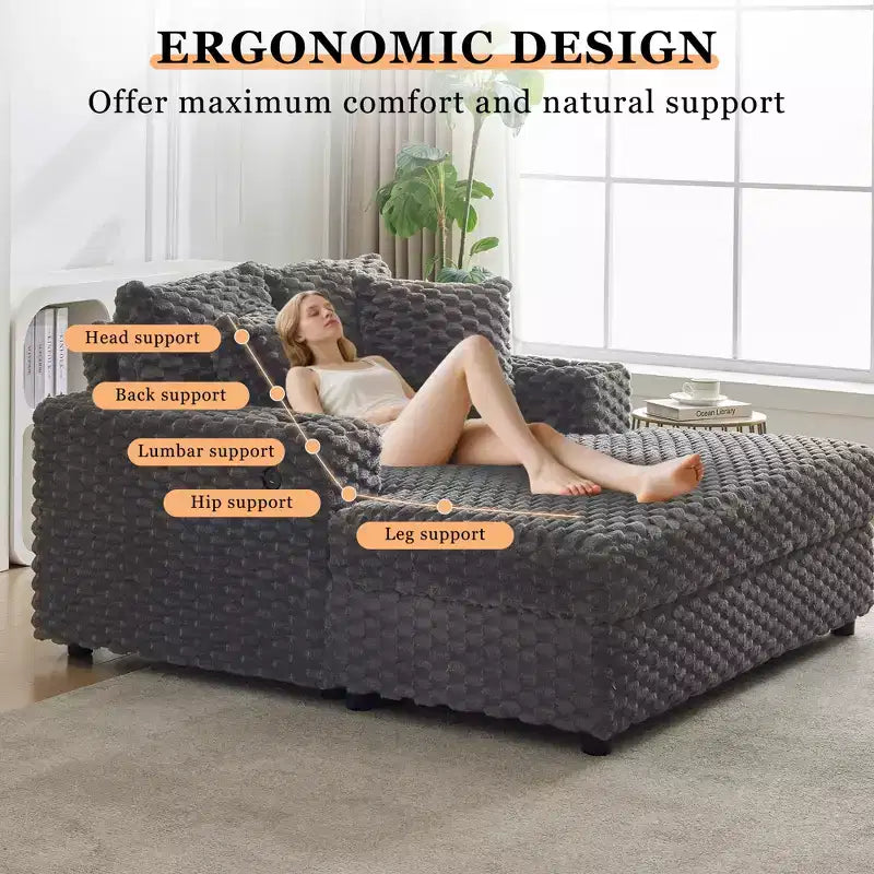 Indoor Chaise Lounge Chair, Upholstered Cozy Reading Chair with Pillows, Comfy Large Modern Sleeper Chair Couch Sofa Bed for Living Room Bedroom