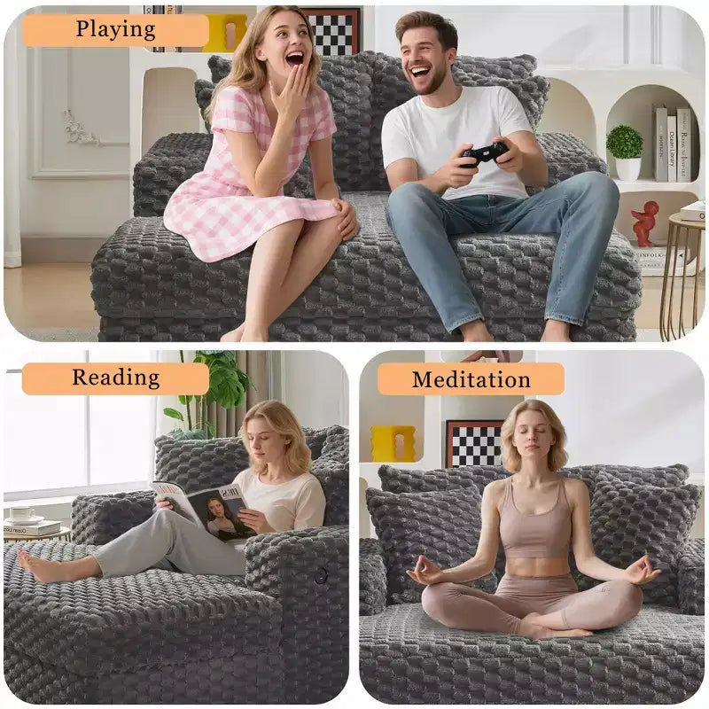 Indoor Chaise Lounge Chair, Upholstered Cozy Reading Chair with Pillows, Comfy Large Modern Sleeper Chair Couch Sofa Bed for Living Room Bedroom