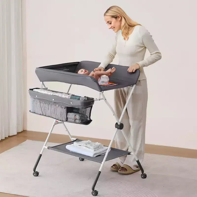 Foldable Baby Changing Table, Diaper Change Station with Side Basket, Lockable Wheels, Multi-Functional Storage Organizer for Nursery, Dark Gray