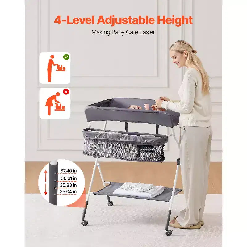 Foldable Baby Changing Table, Diaper Change Station with Side Basket, Lockable Wheels, Multi-Functional Storage Organizer for Nursery, Dark Gray