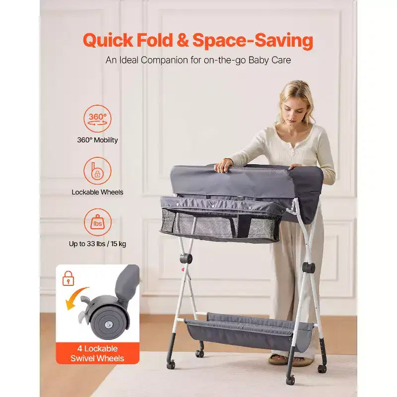 Foldable Baby Changing Table, Diaper Change Station with Side Basket, Lockable Wheels, Multi-Functional Storage Organizer for Nursery, Dark Gray