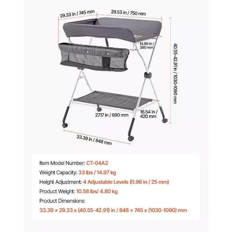 Foldable Baby Changing Table, Diaper Change Station with Side Basket, Lockable Wheels, Multi-Functional Storage Organizer for Nursery, Dark Gray