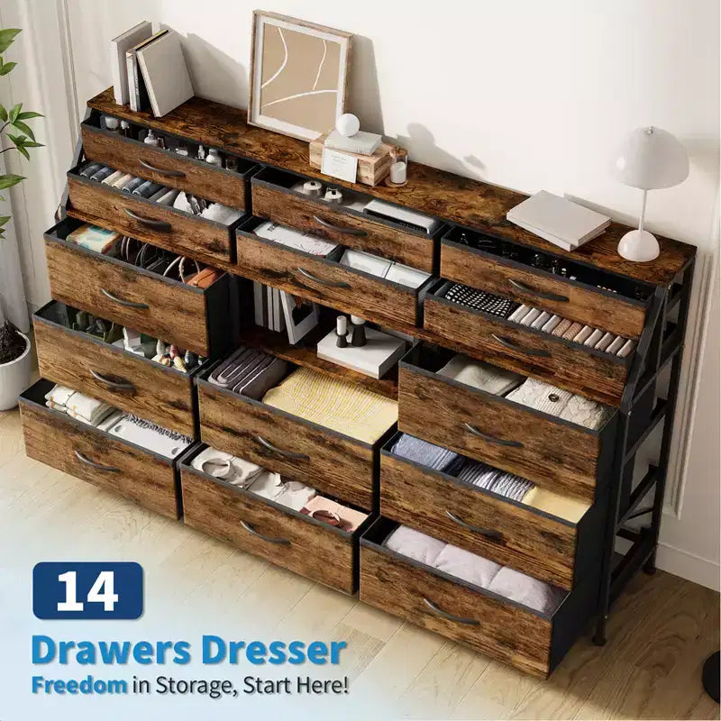 Black/White Dresser for Bedroom, 55 Wide Modern Dresser TV Stand 14 Fabric Drawer Organizer, Large Clothing Storage Cabinet for Hallway, Living Room