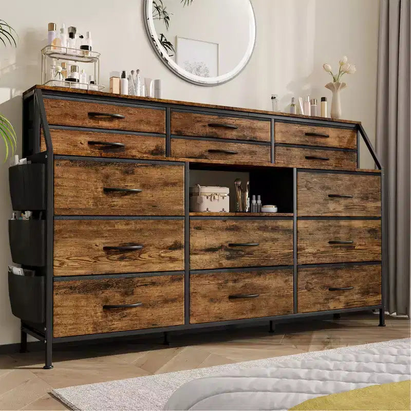 Black/White Dresser for Bedroom, 55 Wide Modern Dresser TV Stand 14 Fabric Drawer Organizer, Large Clothing Storage Cabinet for Hallway, Living Room