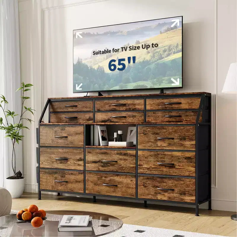 Black/White Dresser for Bedroom, 55 Wide Modern Dresser TV Stand 14 Fabric Drawer Organizer, Large Clothing Storage Cabinet for Hallway, Living Room