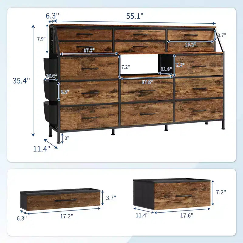 Black/White Dresser for Bedroom, 55 Wide Modern Dresser TV Stand 14 Fabric Drawer Organizer, Large Clothing Storage Cabinet for Hallway, Living Room