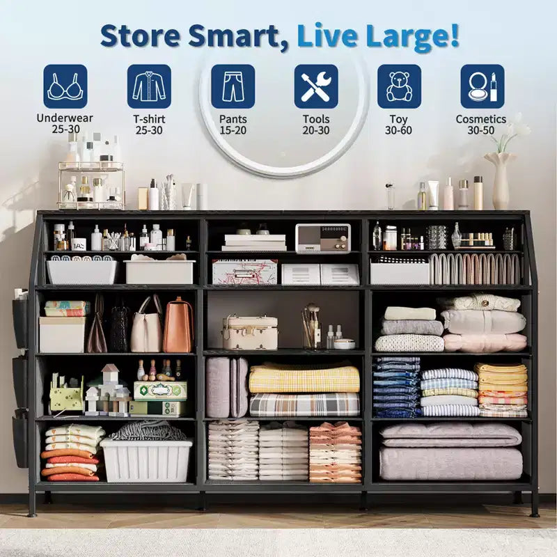 Black/White Dresser for Bedroom, 55 Wide Modern Dresser TV Stand 14 Fabric Drawer Organizer, Large Clothing Storage Cabinet for Hallway, Living Room
