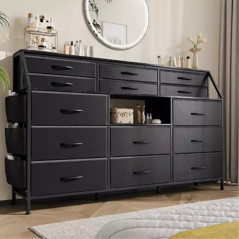 Black/White Dresser for Bedroom, 55 Wide Modern Dresser TV Stand 14 Fabric Drawer Organizer, Large Clothing Storage Cabinet for Hallway, Living Room