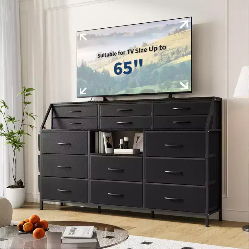 Black/White Dresser for Bedroom, 55 Wide Modern Dresser TV Stand 14 Fabric Drawer Organizer, Large Clothing Storage Cabinet for Hallway, Living Room