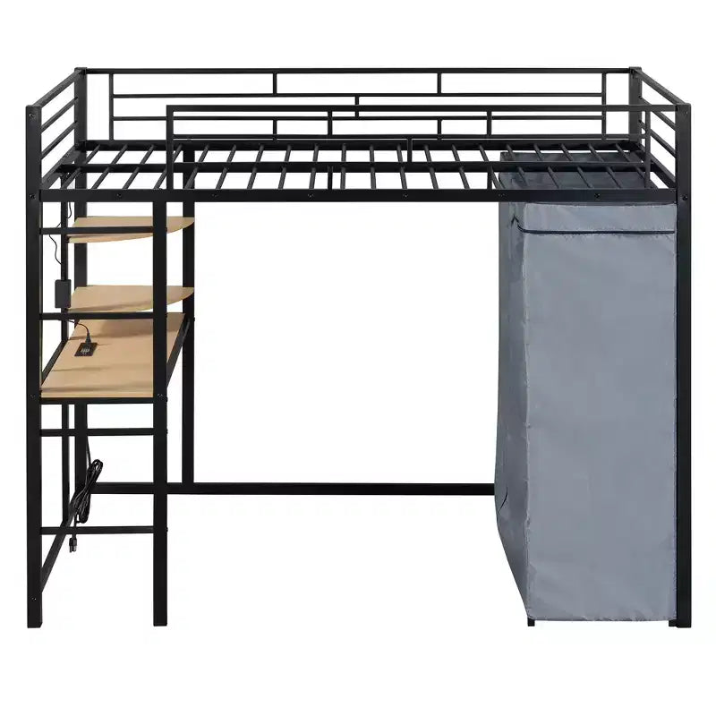 Loft Bed with Wardrobe Under The Bed and Curtain, Metal Bed Frame with Desk Shelves Power Outlet and LED Light